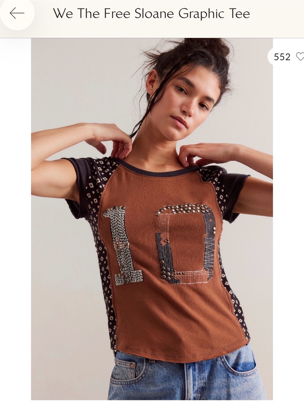 We The Free Brown Graphic '10' Tee with Black Patterned Sleeves